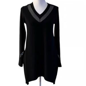 Sympli Black V-Neck Tunic Dress, Elegant Travel-Friendly Wrinkle-Resistant, 14